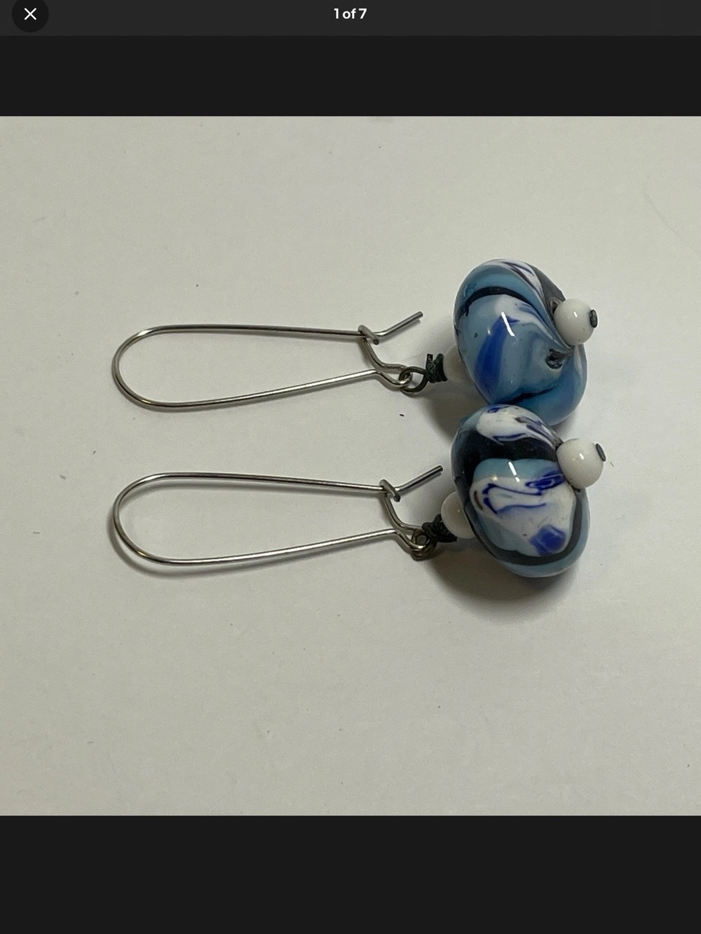Artisan  Lamp-work Glass Beads Navy And Light Blue White  Dangle Beaded Earrings